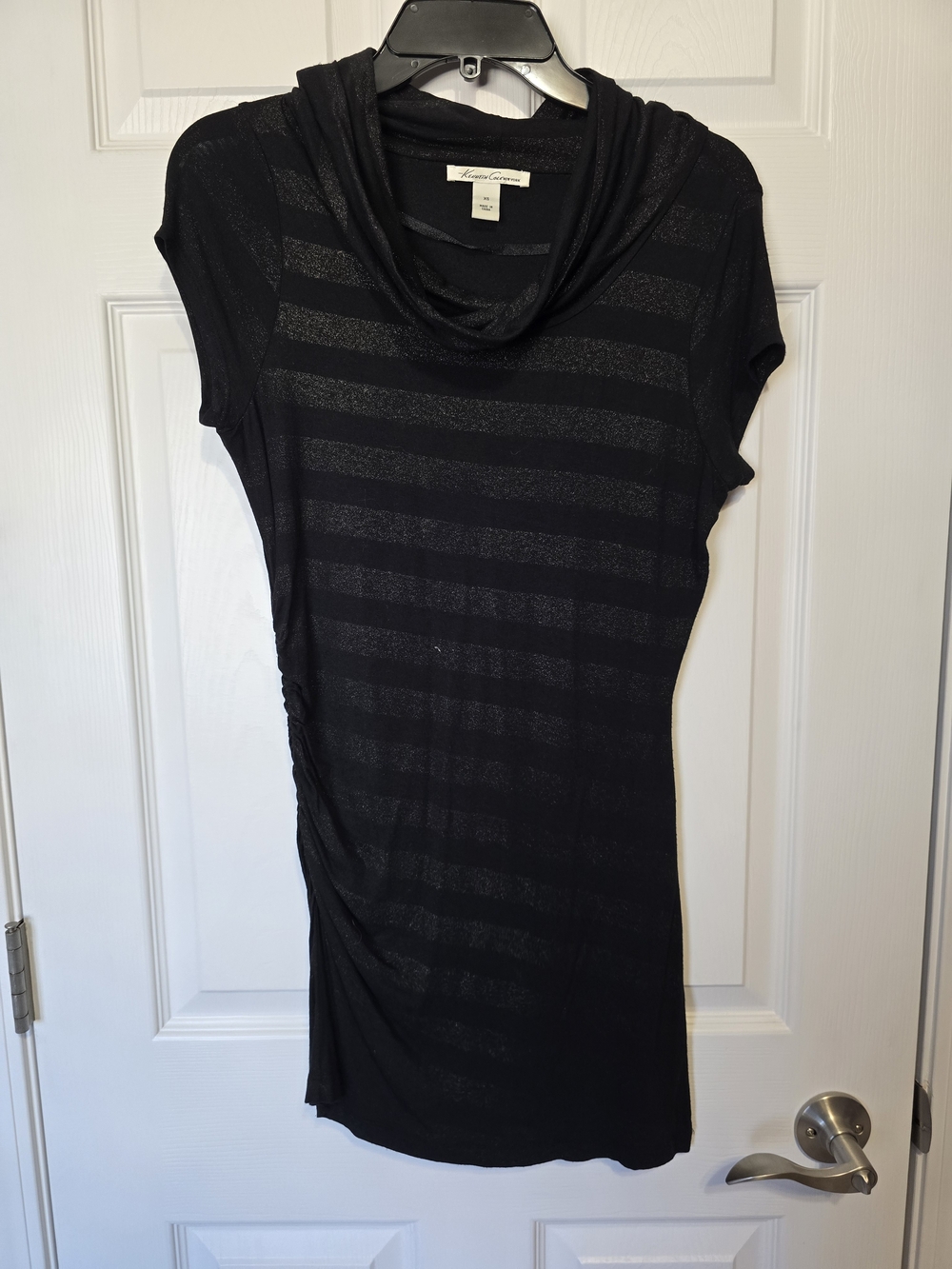 Kenneth Cole Black Striped Cowl-Neck Midi Dress